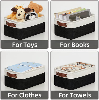 HNZIGE Small Storage Baskets (6 Pack) - Fabric Bins with Leather Handles, Foldable for Organizing (Black&White, 11.8" x 7.8" x 5.1")