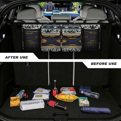 CLOHOMIN Aztec Ethnic Horse Backseat Car Organizer Hanging Cargo Storage Organizer with 4 Pockets Blue Car Seatback Organizer for Most Vehicle Car Interior Accessories