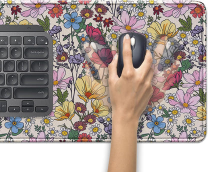 Colorful Flowers Mouse Pad,Large Floral Mousepad Desk Pad with Stitched Edges,Non-Slip Waterproof Rubber Base Mouse Mat for Office Computer Keyboard Laptop Home(27.5x11.8 in)