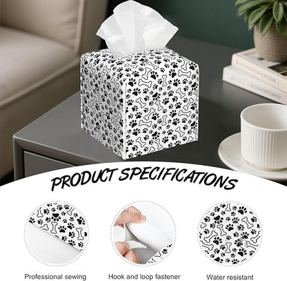 Animal Paws Tissue Box Cover,Dog Bones PU Leather Tissue Box Holder Square,Modern Home Decoration for Bathroom Living Room Kitchen Office Car,5.2"×5.2"×5.2"