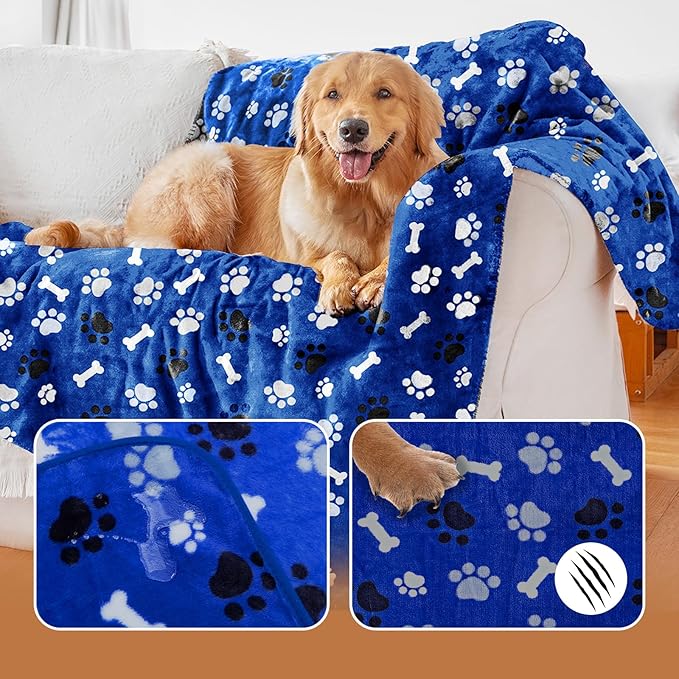 AIWEK Dog Blanket Paw Bone Pattern 1 Pack 1 Super Soft Warm Flannel Sofa Cover Car Bed Protector, Urine Proof Washable Outdoor Pet Blanket for Puppy Large Dogs & Cats,80"*60" Blue
