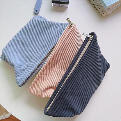 HAPPYHEIDI Large Corduroy Makeup Bag with Compartment Cosmetic Toiletry Travel Accessory Pouch Purse Organizer, Soft Misty Blue
