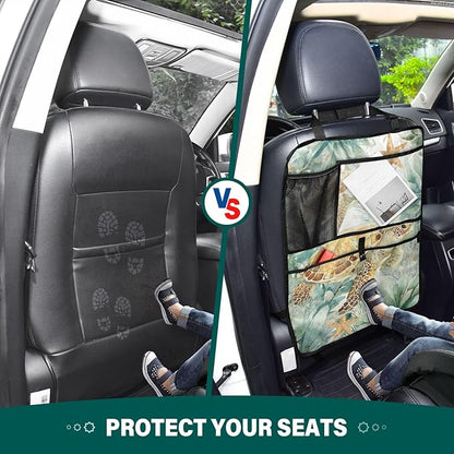 1 Pack Back Seat Car Organizer with Storage Pockets Kick Mats Back Seat Protector Hanging Car Organizer Automotive Seat Back Cover Organizers Sea Turtle Starfish Plants