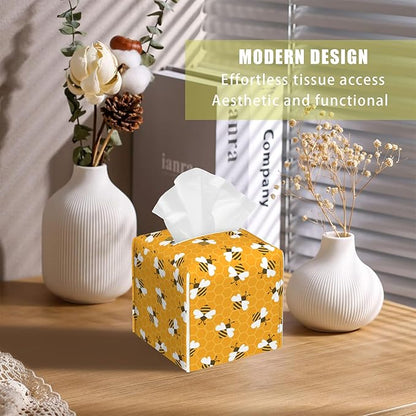 BLYKVGHQ Bee and Honeycomb Tissue Box Cover Square, Tissue Box Holder with Bottom Belt Leather Facial Paper Organizer Dispenser for Bathroom Bedroom Dresser Night Stand Tabletop