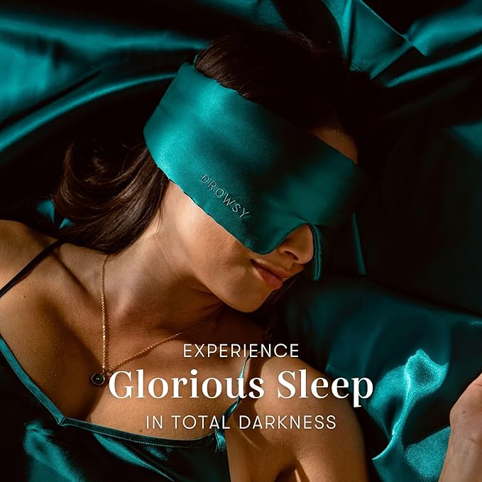 DROWSY Silk Sleep Mask - Face-Hugging, Padded Cocoon for Luxury Sleep in Total Darkness - 100% Pure Mulberry Silk (Green Sapphire)