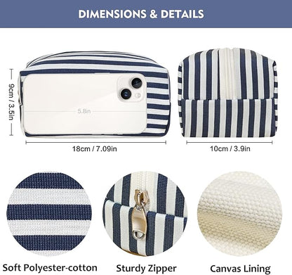 STARDW Striped Cotton Makeup Bag, Cute Cosmetic Pouch with Canvas Lining & Zipper, Travel Toiletry Bag
