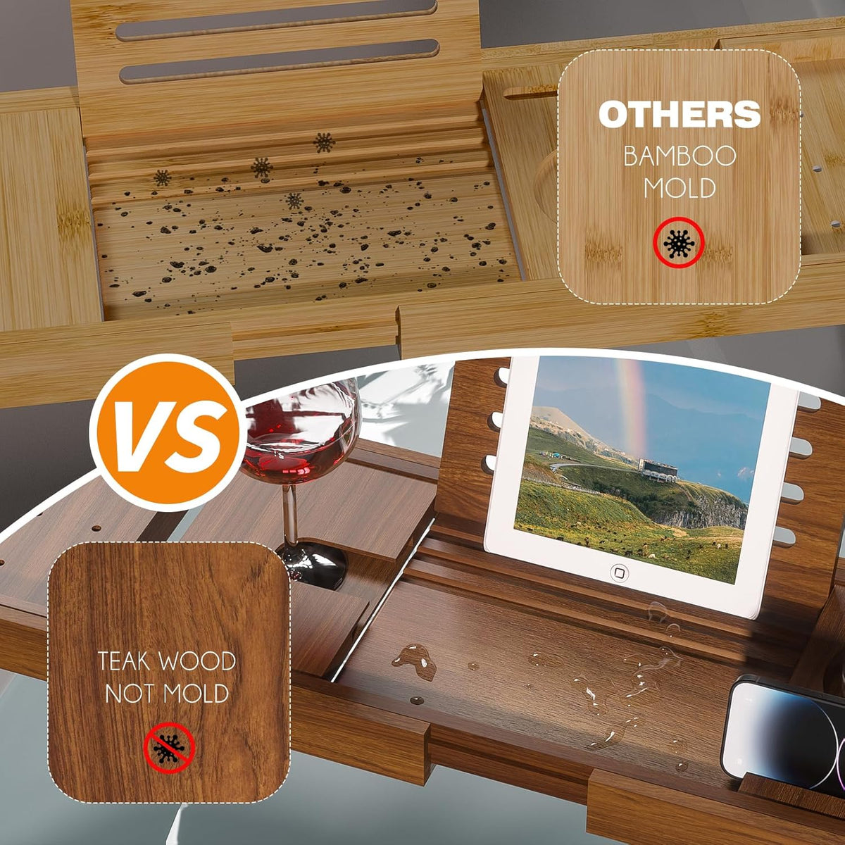 Wooden Bathtub Tray for Luxury Bathroom, Expandable Premium Teak Bath Tray, Adjustable Bath Accessories for Tub, as Unique Housewarming, Holiday, Birthday Gifts