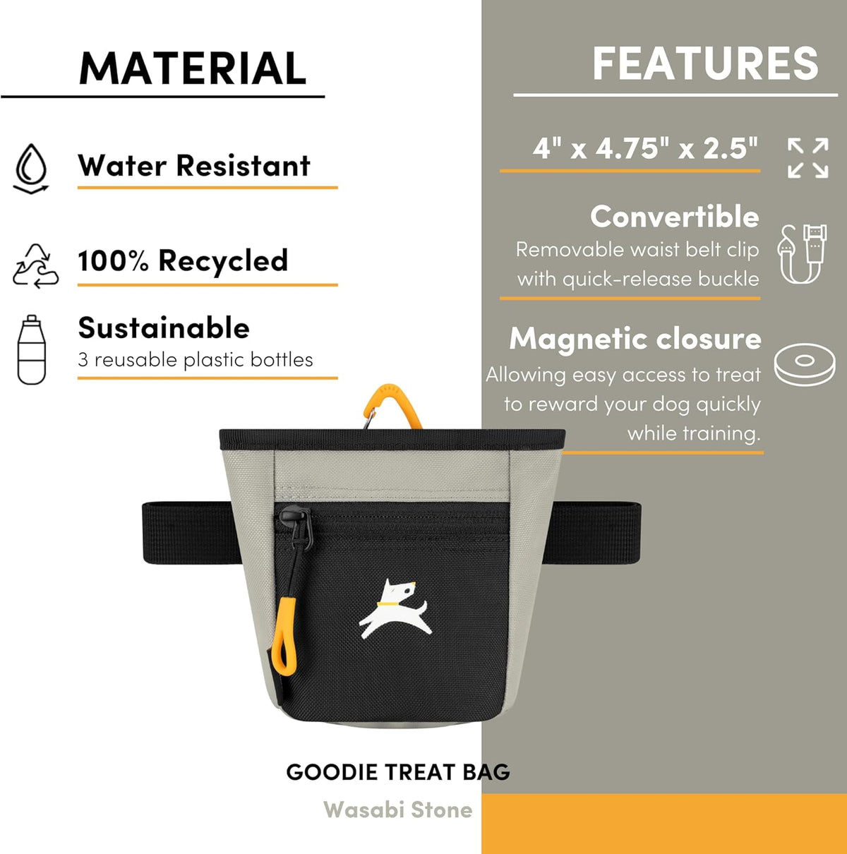 OllyDog Goodie Treat Bag, Dog Treat Pouch, Waist Belt Clip for Hands-Free Training, Magnetic Closure, Dog Training and Behavior Aids, Three Ways to Wear (Wasabi Stone)