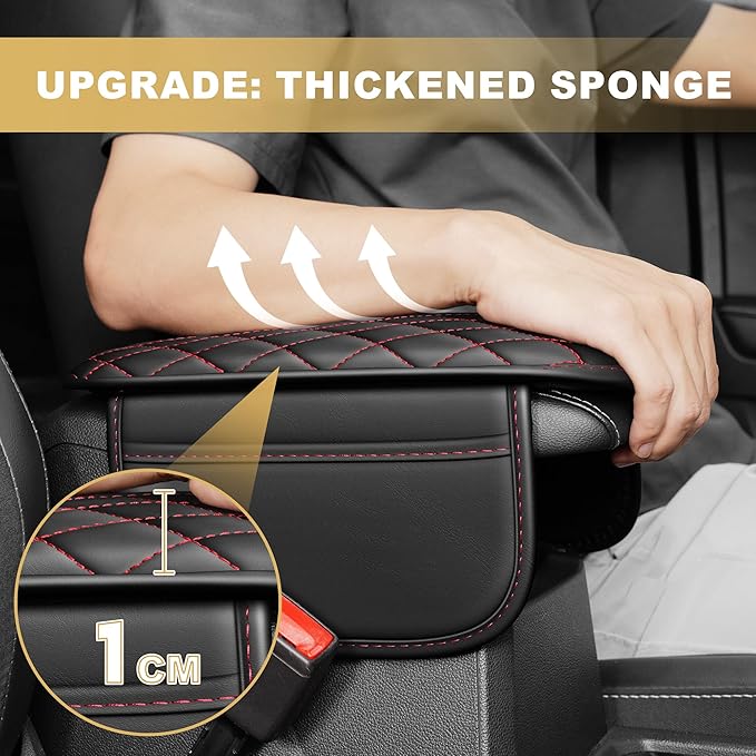 Center Console Cover for TSX: Armrest Cover for Car with 2 Storage Bags - Scratch & Wear Resistant & Waterproof Leather Console Cover,Anti-Scratch Auto Armrest Pad Accessory （Black&Red