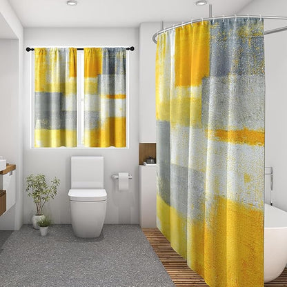 Culudea Grey Yellow Painting Shower Curtain Set, Gray Contemporary Abstract Bathroom Window Waterproof Shower Curtain Set for Bathroom Decor