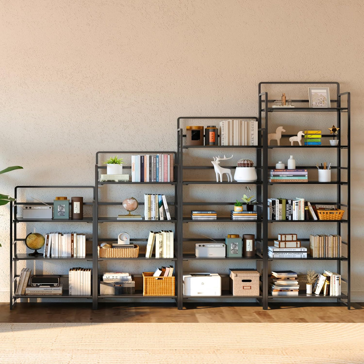 4NM No Assembly 6 Tiers Folding Bookshelf Storage Shelves Vintage Bookcase Standing Racks Study Organizer Home Office (All Black)