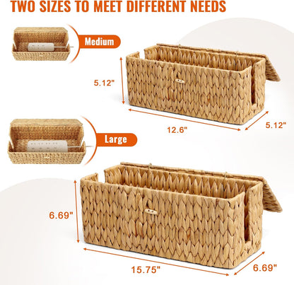 Posprica Cable Management Box with Lid, 2Pack Handwoven Real Water Hyacinth Cord Hider Organizer Boxes, 2 Side Open Slots Storage Box to Hide Cords Power Strip for Desk, Floor, Office