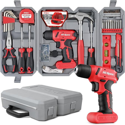 Hi-Spec 58pc Red 8V USB Electric Power Cordless Drill Driver and Home DIY Tool