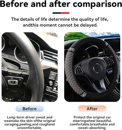 Bling Car Steering Wheel Cover, 15 Inch Rhinestones Soft Leather Elastic Steering Wheel Protector, Sparkly Crystal Diamond for Women Girls, Car Interior Accessories for Most Cars (Grey)