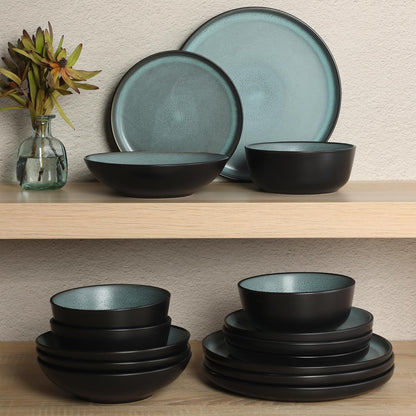 Gibson Elite Tribeca Loft 16-Piece Dinnerware Set – Matte Black and Green Reactive Glaze Stoneware, Double Bowl Round Plates and Bowls – Modern Rustic Tableware for 4, Dishwasher & Microwave Safe