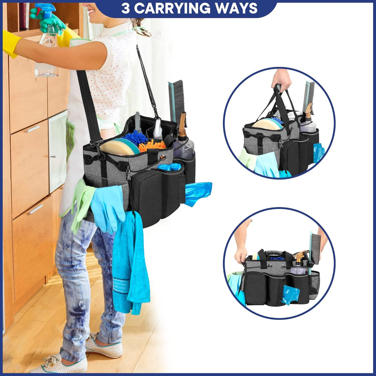 LoDrid Large Professional Cleaning Caddy with Detachable Divider, Supply Organizer with Handle and Shoulder Strap, Cleaning Bags for Housekeepers & Cleaners, Black