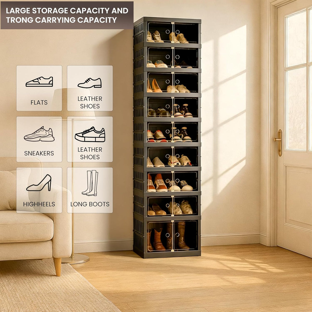 Foldable Shoe Organizer Storage Box, Portable Extra Large Folding Shoe Rack for Closet, Shoe Storage Box with Magnetic Transparent Door and Wheels, 9 Layers 18 Grids with 2 Big Grids