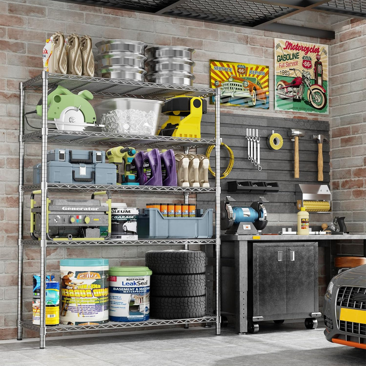 Storage Shelves Heavy Duty, 45" W x 20" D x 72" H Garage Wire Shelving Unit Loads 2000LBS, 5-Tier Adjustable Metal Industrial Utility Shelf Rack for Kitchen, Laundry Room, Pantry, Warehouse, Basement