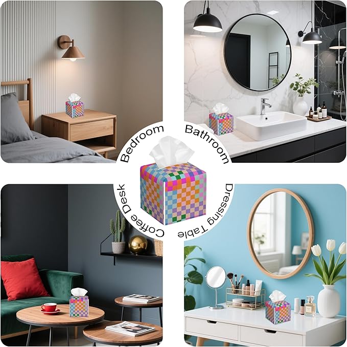 Rainbow Geometric Block Tissue Box Holder,Cube Tissue Box Cover Holder,Leather Facial Paper Organizer Dispenser Home for Bedroom Night Stands,Kitchen,Office and Car,5.2"×5.2"×5.2"