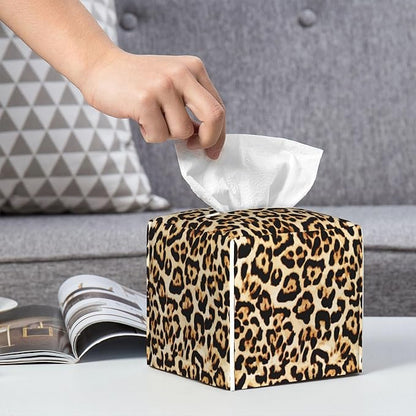 POIUBLE Leather Tissue Box Holder Leopard Print Tissue Box Cover Square Waterproof Tissue Holder Organizer Modern Napkin Holder for Bedroom Dresser Night Stand Office Desk