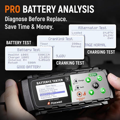 FOXWELL BC521 5A 12V Battery Charger & Tester, 4-in-1 Battery Maintainer