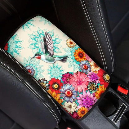 Boho Flower Hummingbird Vehicle Armrest Covers Armrest Seat Box Cover Protector Middle Storage Organizer Pad Aesthetic Interior Decor