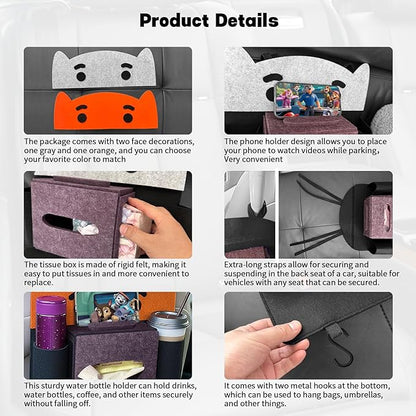 Backseat Car Organizers Felt Storage Box Hanging Storage Pocket Auto Travel Essentials Accessories for Kids & Adults, Universal for Most Cars With 2 Detachable animal-face