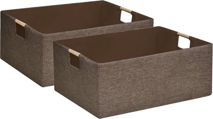 Collapsible Storage Box 16.9"x12.5"x7" with Wooden Handles | Foldable Organizer for Closet, Shelves, Toys & Cosmetics | Durable Linen-Polyester Fabric | Space-Saving Home Organization 2Pack