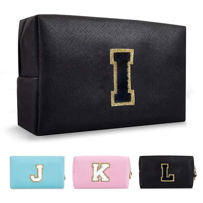 Personalized Initial A-Z Preppy Patch Makeup Bag,Small PU Chenille Letter Cosmetic Bag with Zipper for Teen Girls,Black Cute Toiletry Organizer Bag,Monogram Makeup Case Gift for Women Girls,Letter I