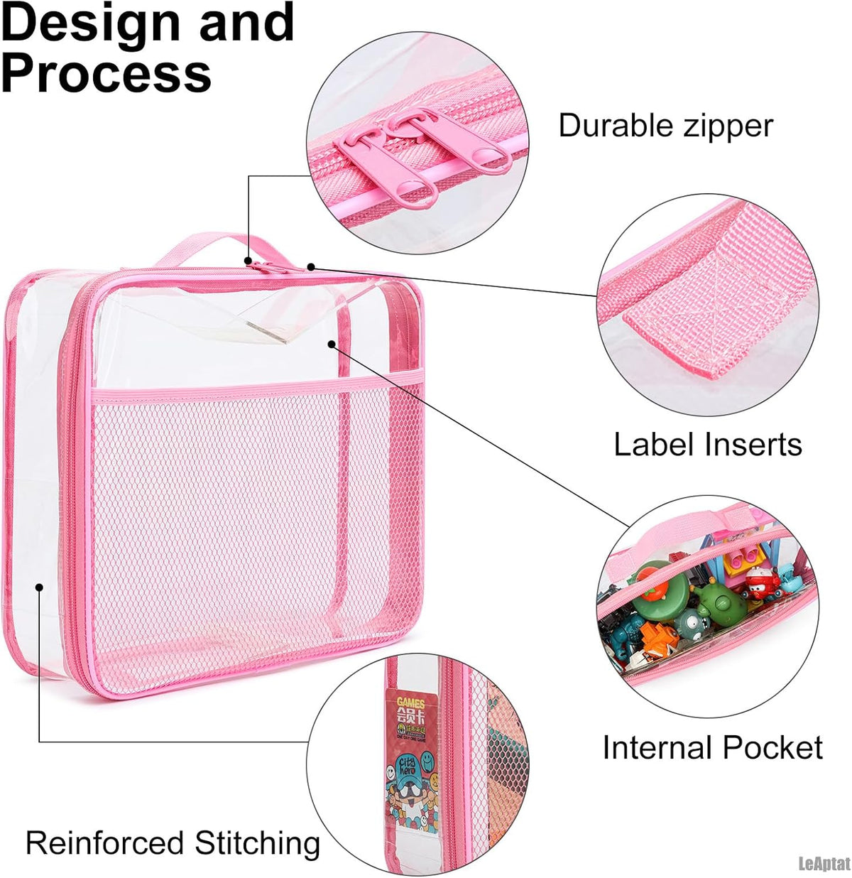 4 Pack Clear PVC Zippered Toy Storage Bags for Toy, Kids Toy, Building Blocks, Puzzle, Clay, Board Game Storage Organizer Travel Waterproof Toy Bag With Name Tag Pocket (Pink, Samll)