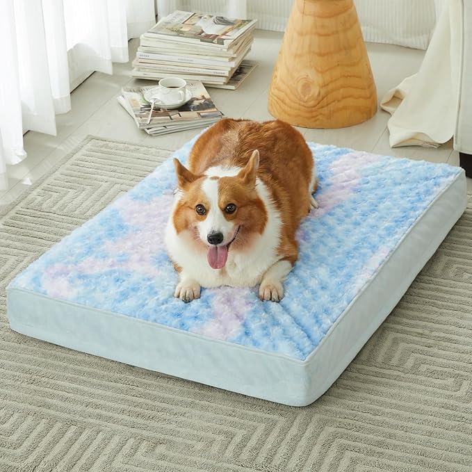 WNPETHOME Orthopedic Large Dog Bed, Extra Large Waterproof Dog Bed with Removable Washable Cover & Anti-Slip Bottom,Egg Crate Foam Pet Bed Mat,Soft Rose Plush Pet Crate Mat