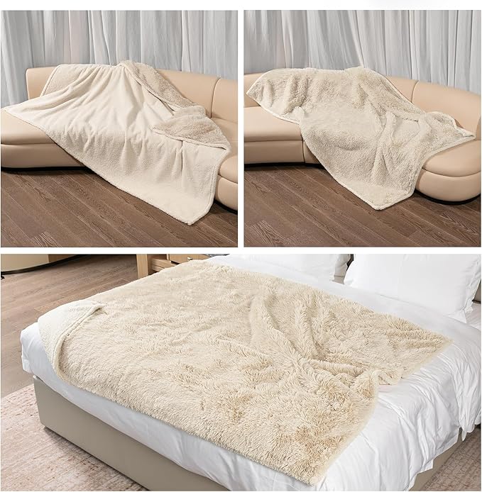 Wowchine Calming Dog Blanket,Waterproof Long Faux Fur Pet Blankets for Medium Puppy Cat Reverible Sofa Couch Covers Washable Pets Ded Cover Cream S-40x28in