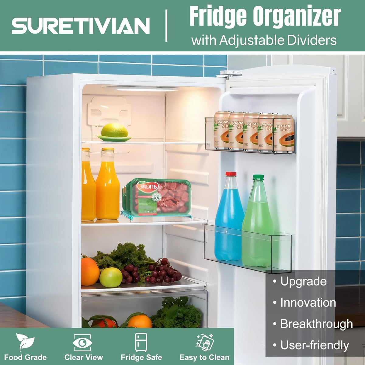 Freezer Organizer 12” Visible Fridge Organizer Rack with Removable Dividers and Handles, Freely Adjustable, Fits Refrigerator Frozen Meals, Lunch Meat Box, Cheeses (Mint Green)