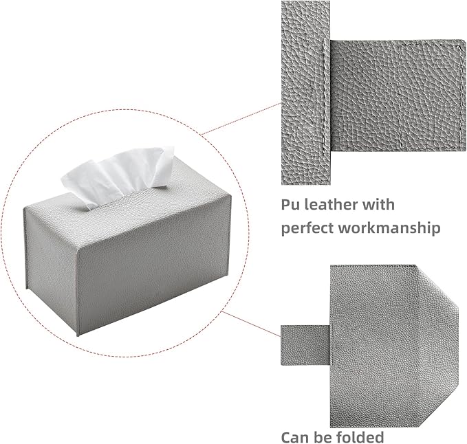 REGELETO Pu Leather Tissue Box Cover, Rectangular Holder with Bottom Belt - Modern Decorative Organizer for Bathroom, Car, Bedroom, Hotel, Office (Grey)