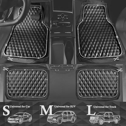 CAR PASS Bling Diamond Rubber Car Mats, Heavy Duty Deep Dish All-Weather Floor Mat Full Set Anti-Slip 3D Rhombus Waterproof Trim Fit Liner Universal Glitter Sparkly Shining Rhinestone, White Diamond