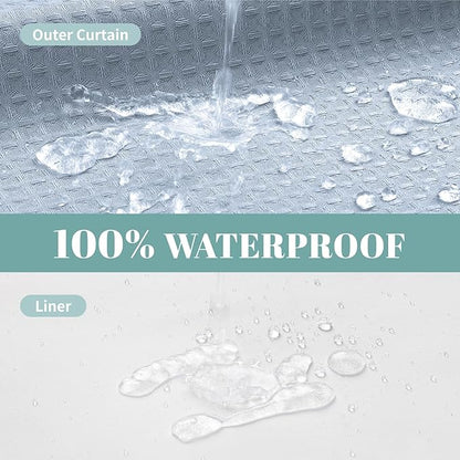 eachope FrostBlue Extra Long No Hook Waffle Weave Shower Curtain with snap-in Liner Replacement, 230GSM Waterproof Fabric Hotel Shower Curtain Set for Bathroom, Through Mesh Top Window,71Wx86H