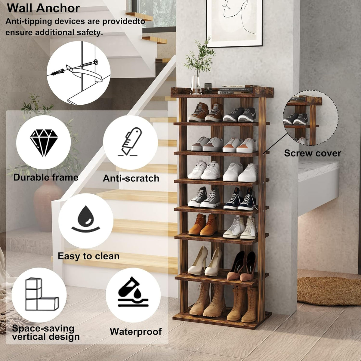 HOMEFORT 7-Tier Wood Shoe Rack, Double Rows Shoe Shelf, Shoe Storage Stand, Entryway Shoe Tower, Vertical Shoe Organizer for Narrow Closet, Entryway, Hallway, Rustic Brown
