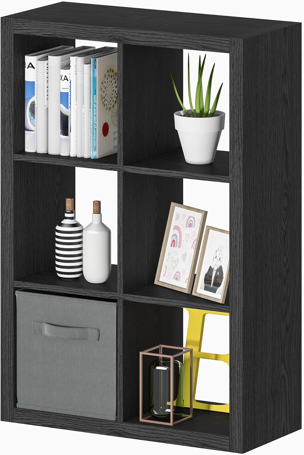 Bookshelf with Storage Bin, 6-Cube Storage Organizer, Modern Wood Open Bookcase, Multifunctional Display Shelf for Living Room, Bedroom, Home Office, Black