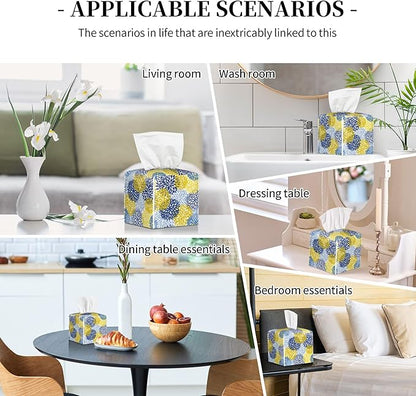 POIUBLE Yellow and Navy Chrysanthemum Flower Tissue Box Cover Leather Tissue Box Holder Square Facial Paper Organizer Dispenser for Bathroom Kitchen Bedroom Vanity Countertop Night Stands