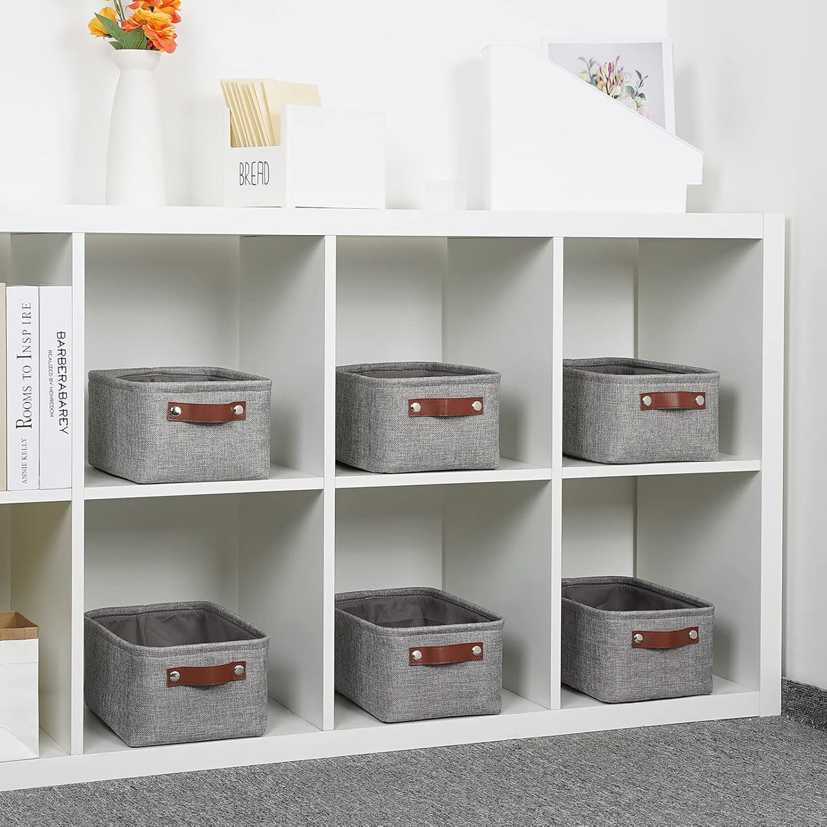 DULLEMELO Small Storage Baskets 11.8"x7.9"x5.1", Fabric Storage Bins for Shelves,Closets,Nursery,Home,Office [3 Pack], Collapsible Storage Baskets with Leather Handles (Gray)