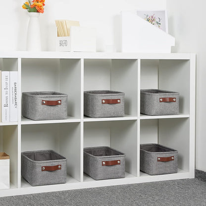 DULLEMELO Small Storage Baskets 11.8"x7.9"x5.1", Fabric Storage Bins for Shelves,Closets,Nursery,Home,Office [3 Pack], Collapsible Storage Baskets with Leather Handles (Gray)