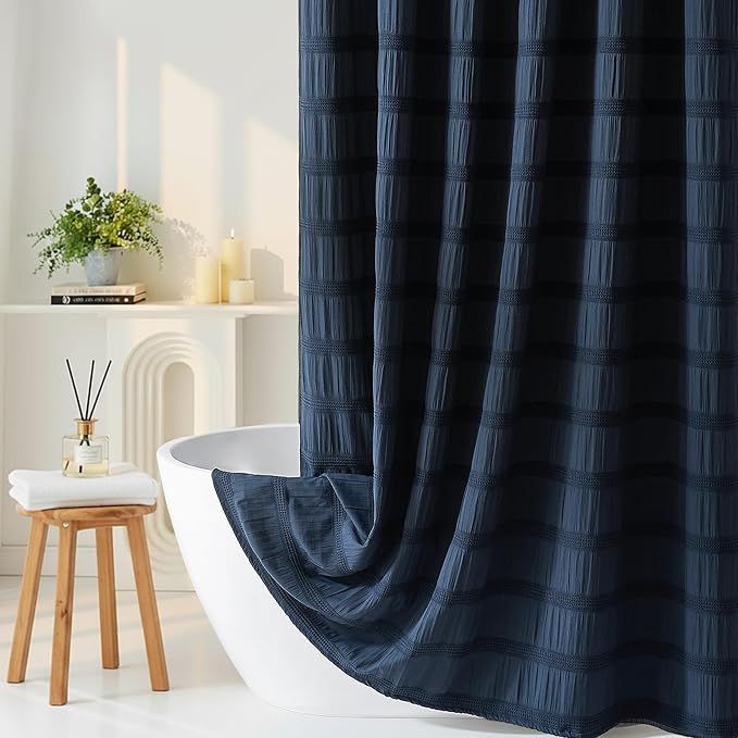 Lameirose Extra Long Navy Blue Shower Curtain Farmhouse,72 x 78 Cotton Blend Waffle Tufted Striped Chic Textured Fabric Shower Curtain for Bathroom, Hotel