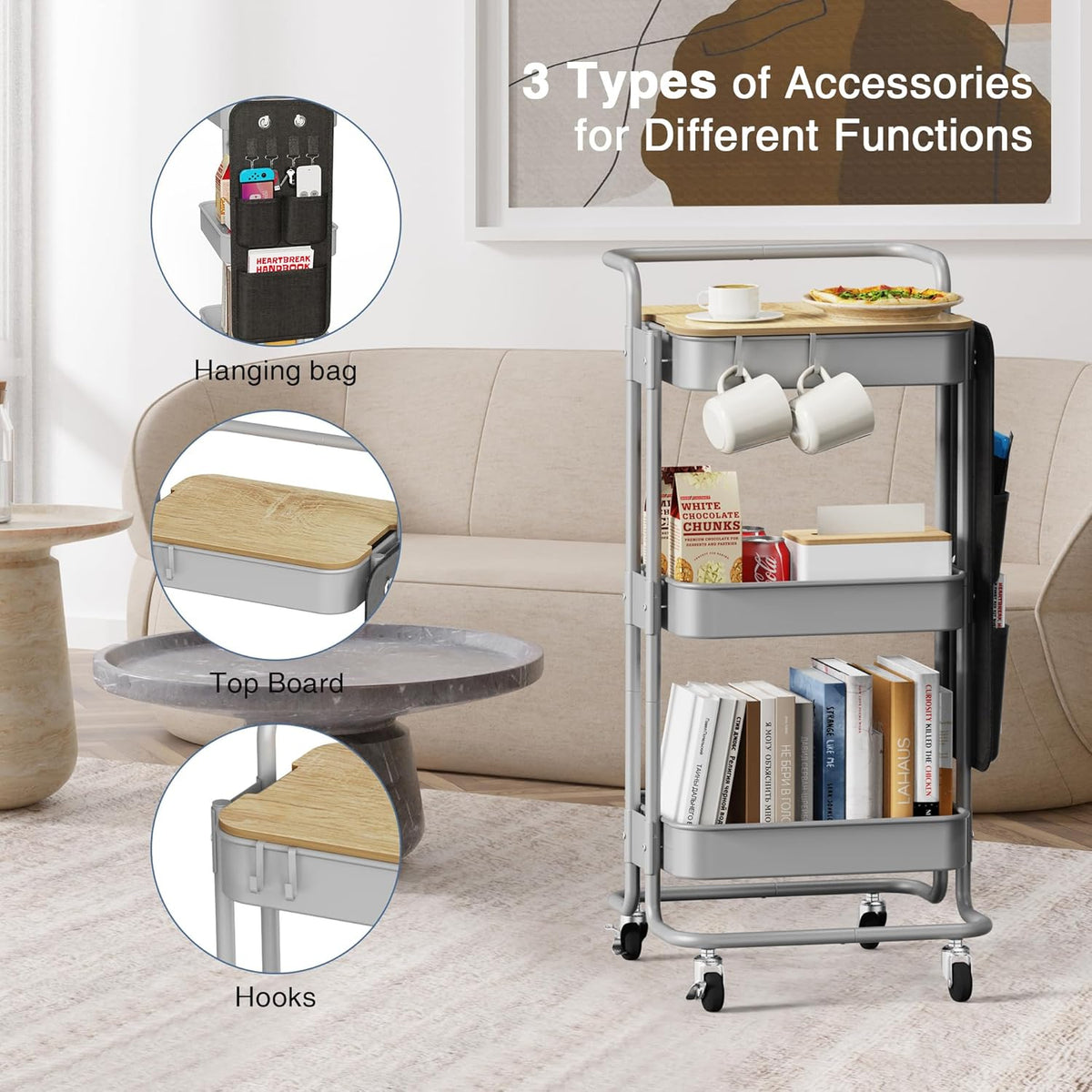 DTK 3 Tier Metal Utility Rolling Cart with Table Top and Side Bags, Tray Storage Organizer Wheels, Art Craft 4 Hooks for Kitchen Bathroom Office Living Room(Grey)
