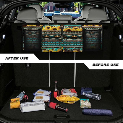 CLOHOMIN Aztec Tribal Trunk Organizer for Car Women Sunflower Car Organizer Backseat Hanging Storage Bag for SUV Vehicle Sedan Truck Foldable Car Cargo Storage Organizer