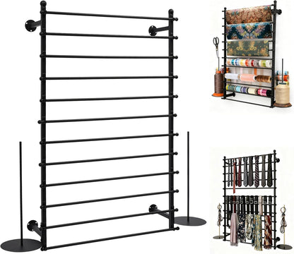 12 Layers 80cm Black Wall Display Stand Wrapping Paper Ribbon Organizer Tie Scarf Rack Belt Towel Holder Spool Hijab Stand Metal Shelving for Home, Retail Stores, Flower Shop, Studio, Sewing