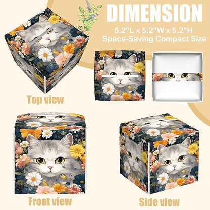 BLYKVGHQ Square Tissue Box Cover Cute Cat with Colorful Flowers Tissue Box Holder Facial Cube Paper Dispenser Leather Decorative Organizer Home Office Desk Decor, 5.2"x5.2"x5.2"
