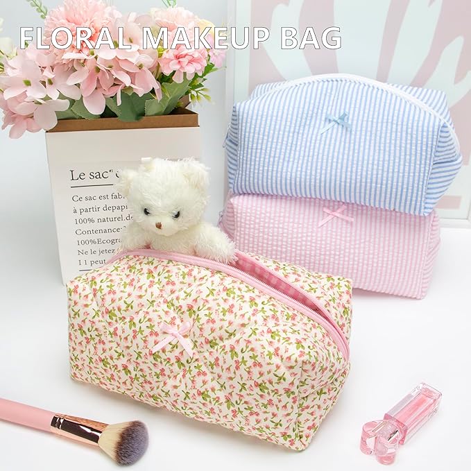 Cozy Makeup Bag Travel Cosmetic Bag for Women Soft Toiletry Bag Aesthetic Makeup Organizer Portable Large Zipper Pouch for Skincare Beauty Accessories Brushes Floral Pink