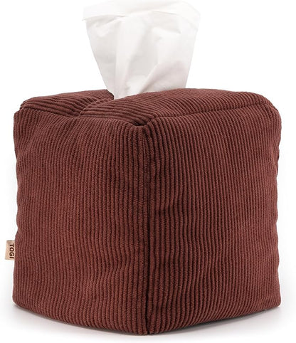 TOGI Corduroy Tissue Box Cover - Soft & Puffy Cube Design Adds a Warm, Cozy Touch - Soft Tissue Box Cover Square Fits Standard Square Boxes from Everyday Brands - Cozy Home & Office Decor - (Brown)