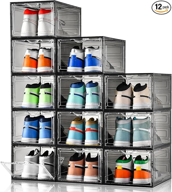 Clemate Upgraded X-Large Shoe Storage Box, 12 Pack, Shoe Box Clear Plastic