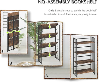4NM No Assembly 4 Tiers Folding Bookshelf, 47.2" H Foldable Storage Shelves
